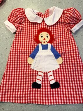 Boutique Posh Pickle vintage Red Gingham Kids Dress with Rag Doll Appliqué -